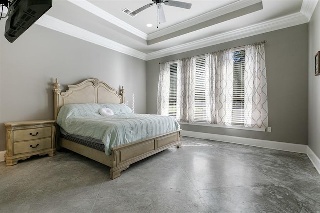 bedroom with ceiling fan, a raised ceiling, and crown molding