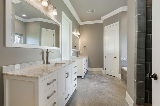 bathroom with a relaxing tiled tub, crown molding, and vanity