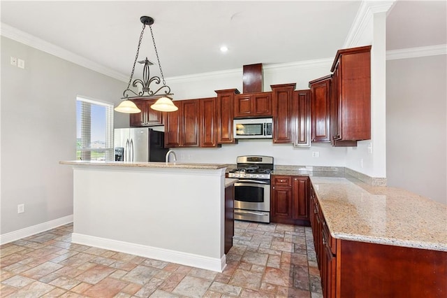 kitchen with light stone countertops, ornamental molding, stainless steel appliances, decorative light fixtures, and a center island with sink