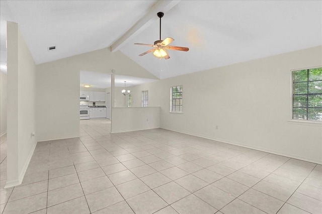 spare room with vaulted ceiling with beams, light tile patterned flooring, and ceiling fan with notable chandelier