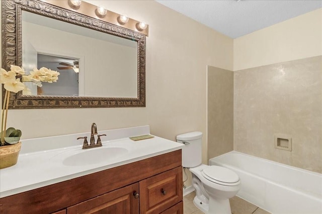 full bathroom with vanity, tile patterned flooring, ceiling fan, toilet, and tub / shower combination