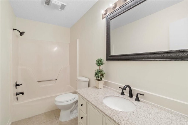 full bathroom featuring toilet, shower / tub combination, vanity, and tile patterned floors