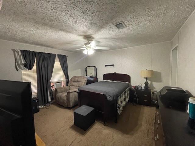 carpeted bedroom featuring a ceiling fan, cooling unit, visible vents, and a textured ceiling