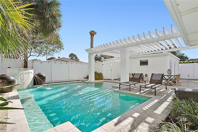 view of swimming pool with a patio, a pergola, and pool water feature