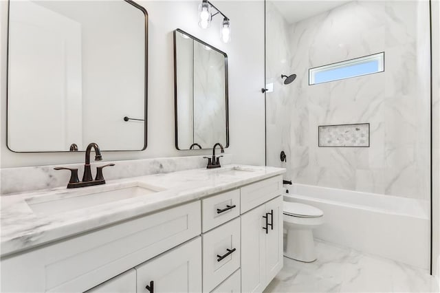 full bathroom with vanity, shower / bathtub combination, and toilet