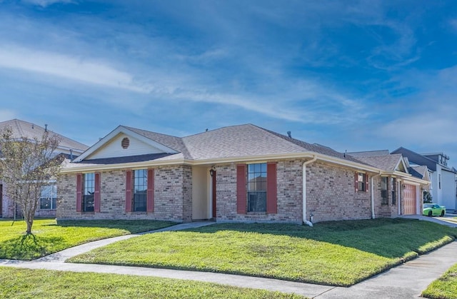 ranch-style house with a garage and a front lawn