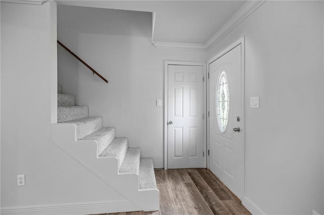 foyer with hardwood / wood-style floors and ornamental molding