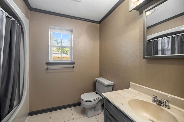 full bathroom with tile patterned flooring, vanity, toilet, and ornamental molding