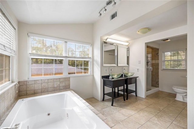 full bathroom featuring toilet, plus walk in shower, vaulted ceiling, and a healthy amount of sunlight