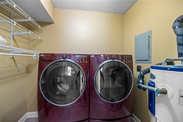 laundry room featuring electric water heater, electric panel, and washing machine and clothes dryer