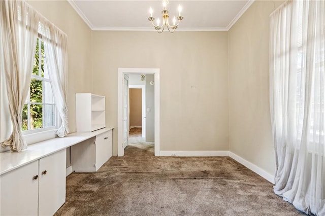 interior space with a wealth of natural light, crown molding, and carpet