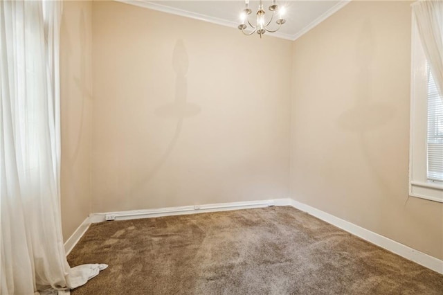 carpeted empty room with an inviting chandelier and ornamental molding