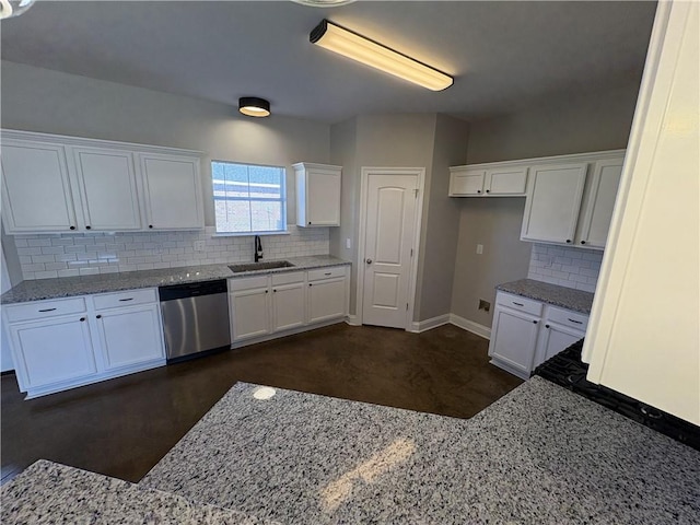 kitchen featuring white cabinets, sink, stainless steel dishwasher, light stone countertops, and tasteful backsplash