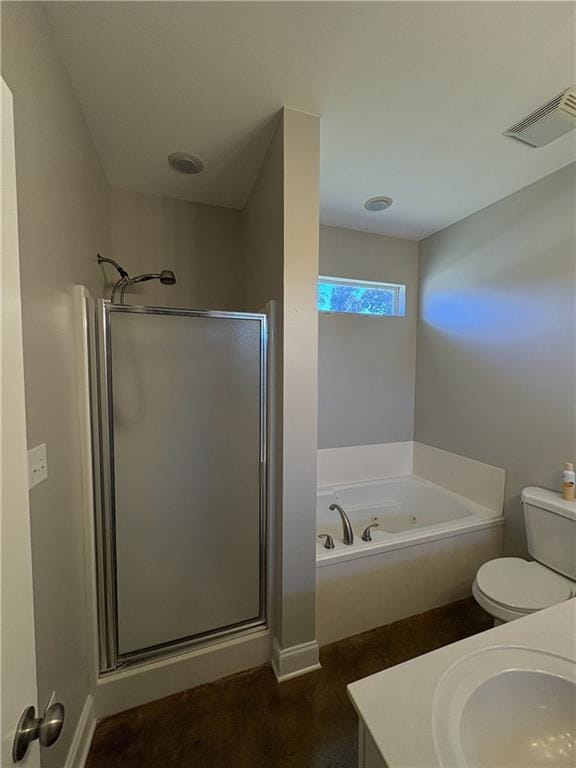 full bathroom featuring vanity, independent shower and bath, and toilet