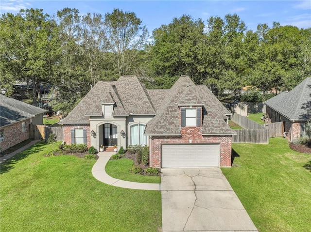 view of front of home featuring a garage and a front lawn