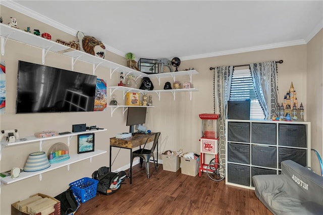 bedroom with ornamental molding and dark wood-type flooring