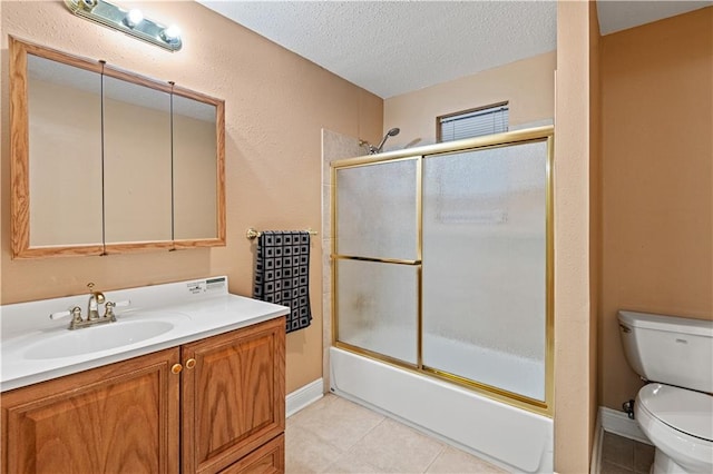 full bathroom with tile patterned floors, combined bath / shower with glass door, a textured ceiling, and toilet