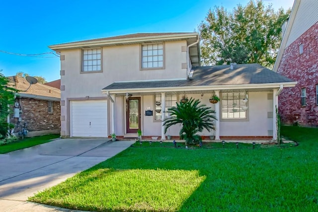 4520 Alphonse St, Metairie, LA 70006 - traditional-style home with an attached garage, stucco siding, a front lawn, and a porch