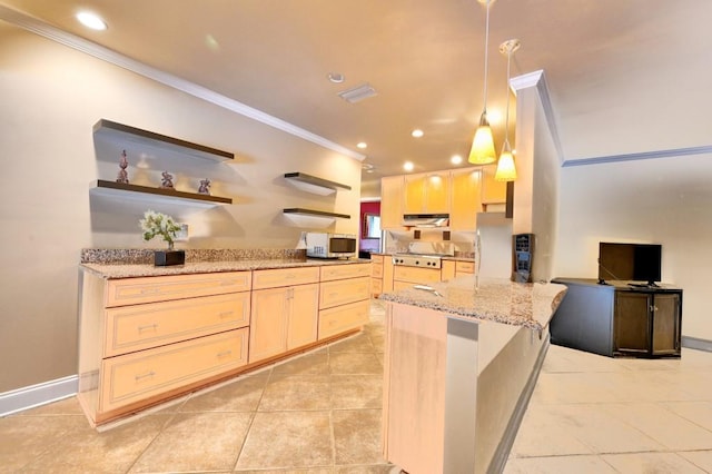 kitchen with light brown cabinets, white appliances, crown molding, light stone countertops, and decorative light fixtures