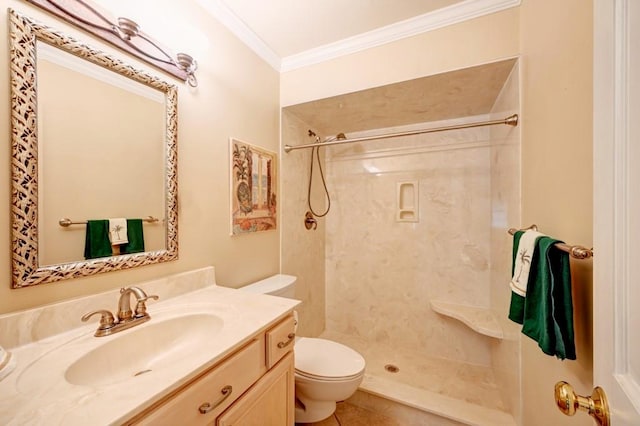 bathroom featuring walk in shower, tile patterned flooring, toilet, vanity, and ornamental molding