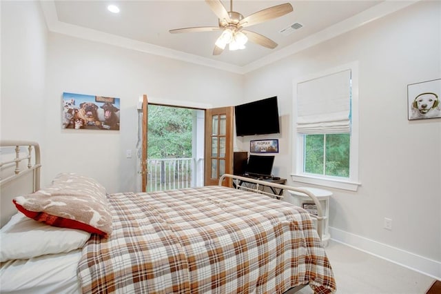 carpeted bedroom with ceiling fan, crown molding, and access to outside