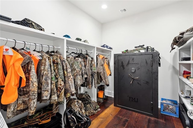 spacious closet with dark hardwood / wood-style floors