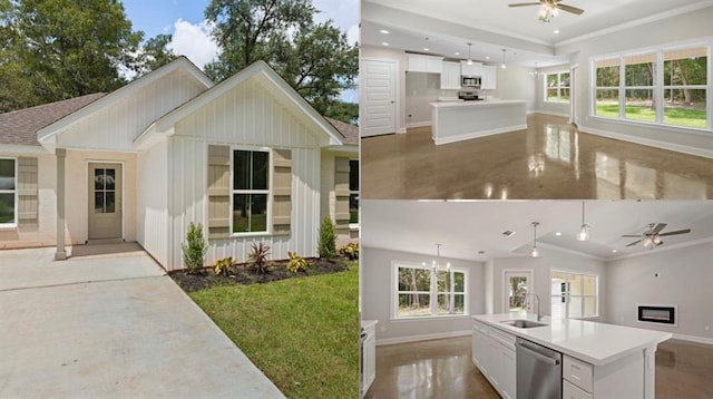 kitchen featuring stainless steel appliances, white cabinetry, a healthy amount of sunlight, and a center island with sink