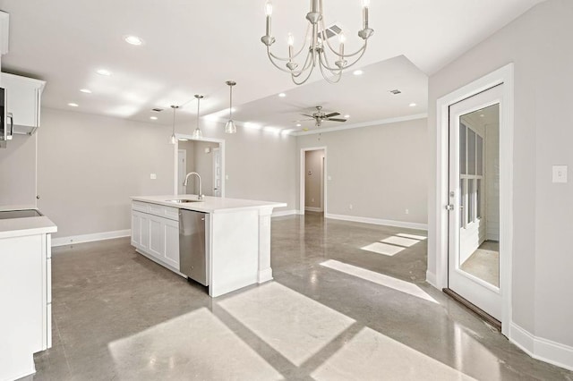 kitchen with stainless steel dishwasher, ceiling fan with notable chandelier, a kitchen island with sink, sink, and white cabinets