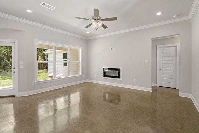 unfurnished living room featuring heating unit, ceiling fan, and crown molding