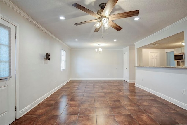 unfurnished room featuring crown molding, recessed lighting, ceiling fan, dark tile patterned floors, and baseboards