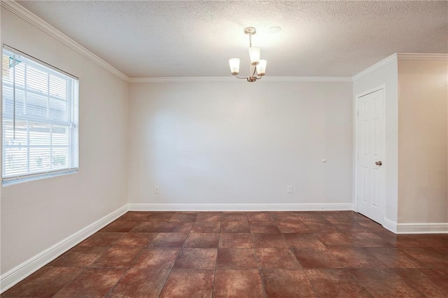 empty room featuring baseboards, crown molding, a chandelier, and a textured ceiling