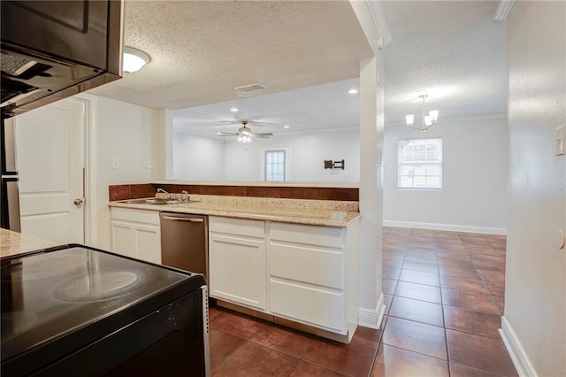 kitchen with dishwasher, ceiling fan, black / electric stove, a textured ceiling, and a sink