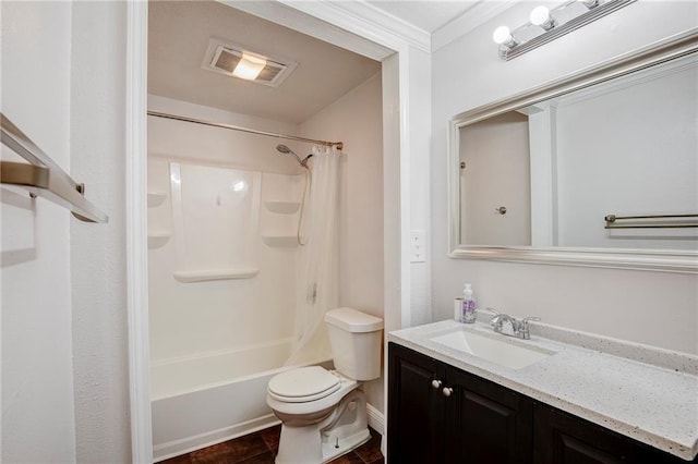 bathroom featuring visible vents, toilet, vanity, ornamental molding, and shower / bathtub combination