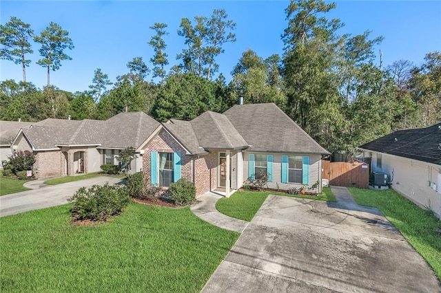 ranch-style house with a front yard and central AC