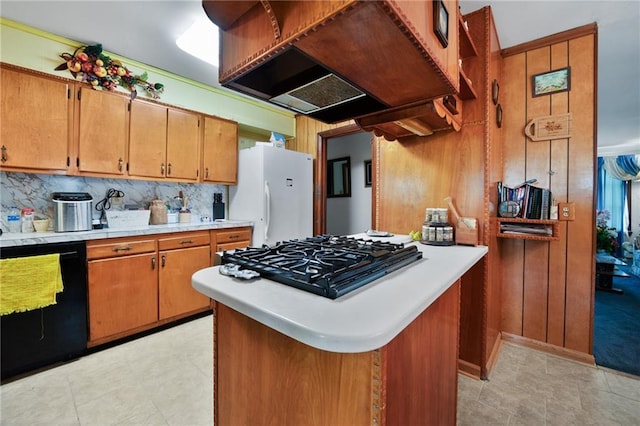 kitchen featuring custom exhaust hood, dishwasher, tasteful backsplash, white fridge, and stainless steel gas cooktop