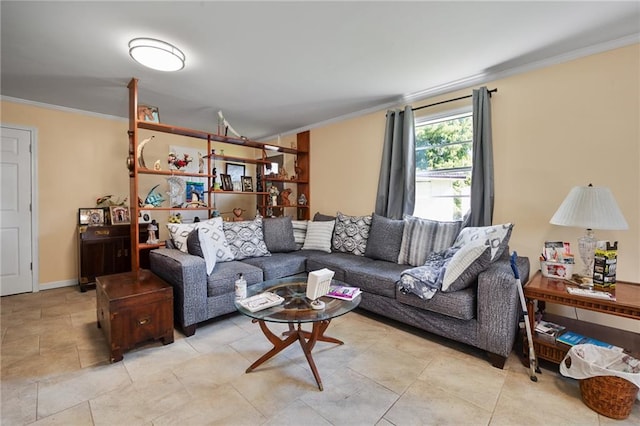 living room with ornamental molding