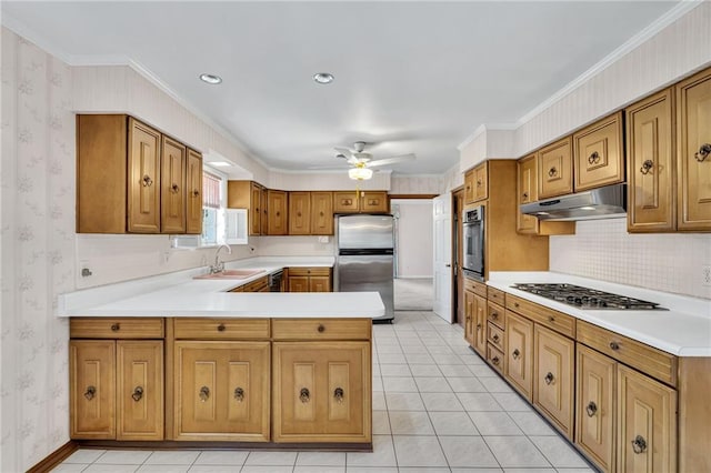 kitchen featuring ceiling fan, sink, stainless steel appliances, kitchen peninsula, and crown molding