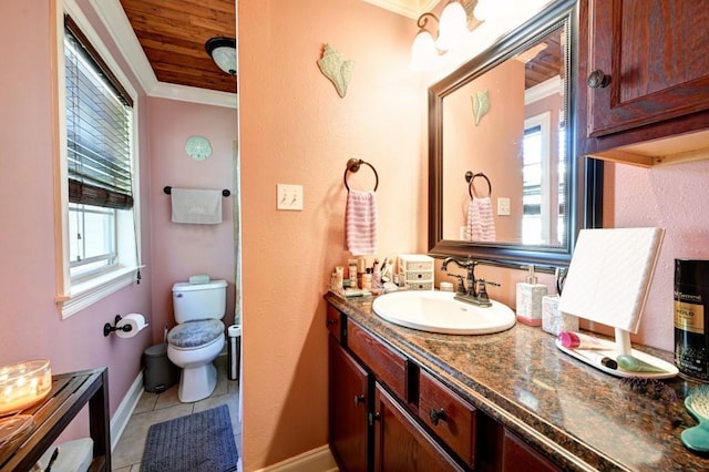 bathroom with tile patterned floors, crown molding, vanity, and toilet