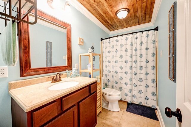 bathroom with wooden ceiling, tile patterned flooring, toilet, vanity, and crown molding