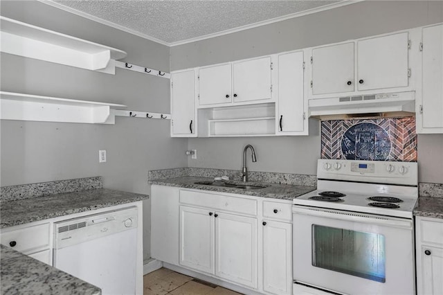 kitchen featuring white appliances, stone counters, sink, a textured ceiling, and white cabinetry