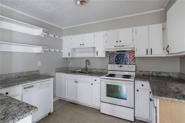 kitchen featuring sink, crown molding, a textured ceiling, white appliances, and white cabinets