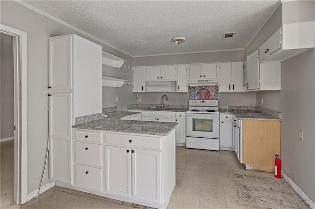 kitchen featuring sink, kitchen peninsula, a textured ceiling, white electric range oven, and white cabinetry