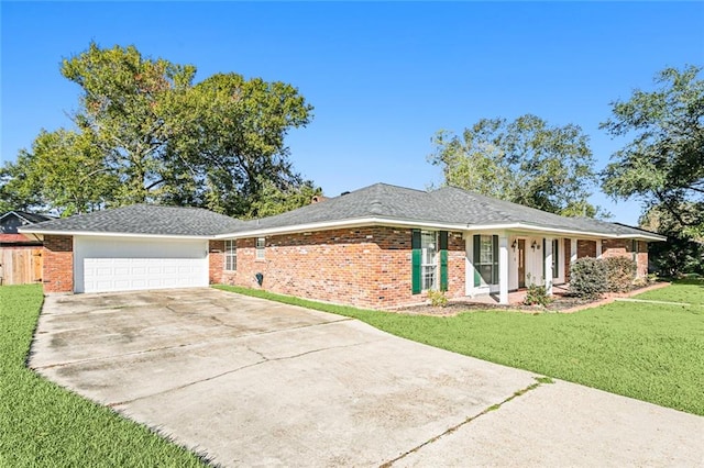 single story home with a front lawn, a porch, and a garage