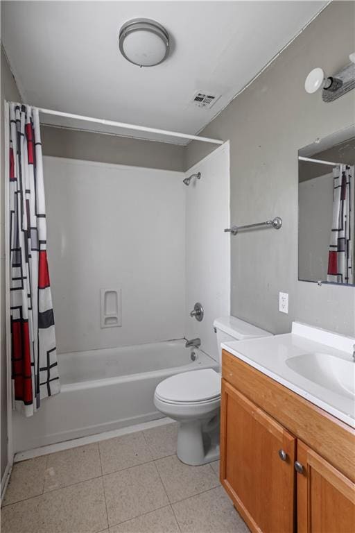 full bathroom with tile patterned floors, shower / bath combination with curtain, toilet, and vanity