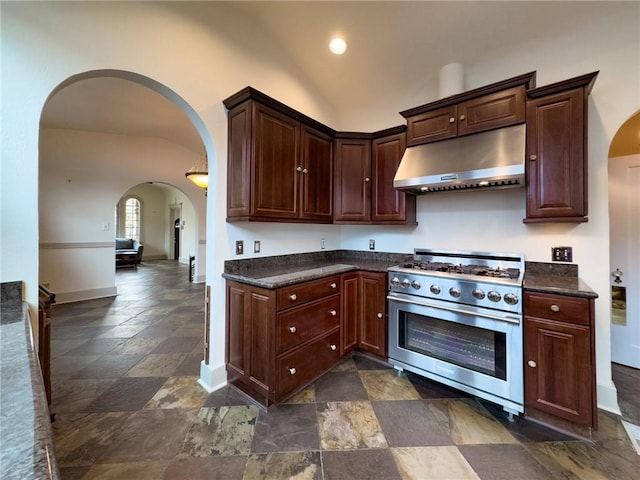 kitchen with dark brown cabinets, high end stove, and vaulted ceiling