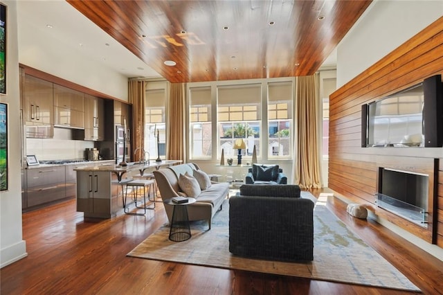 living room featuring dark wood-type flooring and wood ceiling