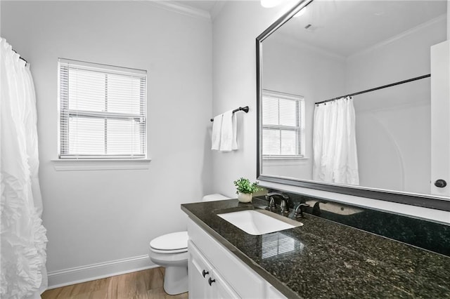 bathroom featuring vanity, hardwood / wood-style flooring, a wealth of natural light, and ornamental molding