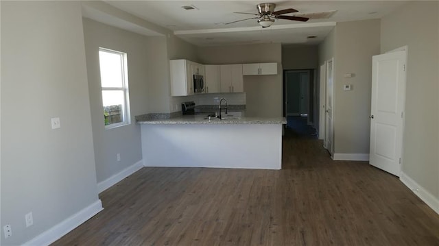 kitchen featuring white cabinets, kitchen peninsula, dark wood-type flooring, and sink