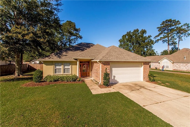 ranch-style home featuring a garage and a front lawn