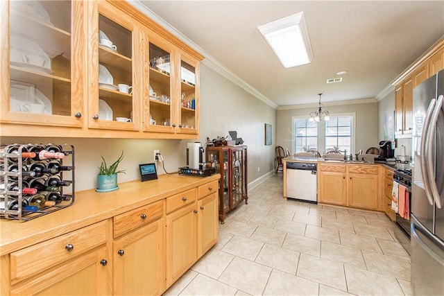 kitchen with pendant lighting, crown molding, light tile patterned floors, a notable chandelier, and stainless steel appliances